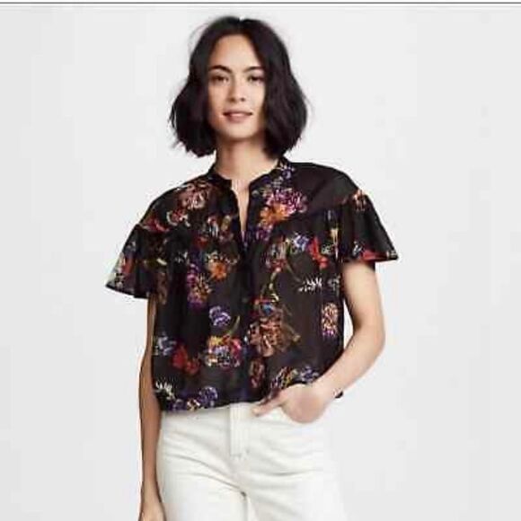 Free People Sweet Escape Floral Button Down Cropped Blouse Black Multi color Sm - Picture 1 of 14